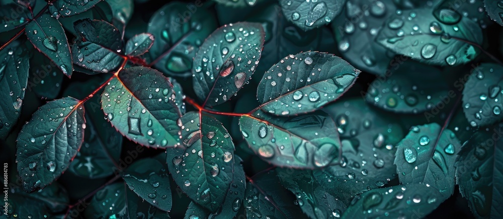 Poster Background of wet rose leaves with water drops, suitable for a copy space image.