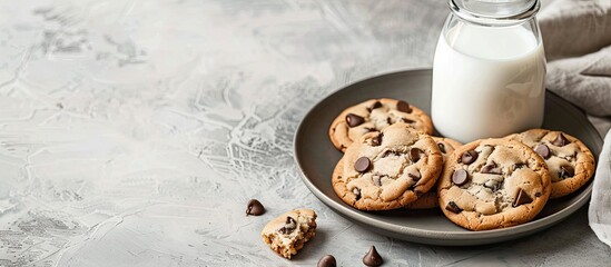 Freshly baked chocolate chip cookies on a plate with a bottle of fresh milk, with copy space image.