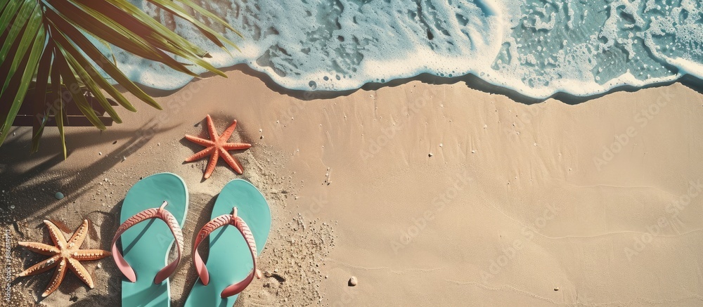Poster Sandy beach and flip flops create a summer-themed setting with ample copy space image potential.