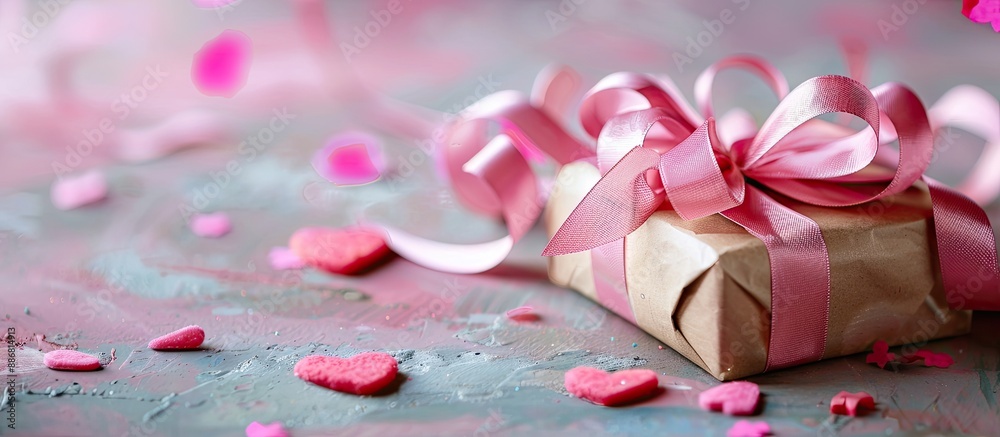 Poster image of a pink ribbon conveying love, with a present, against a backdrop that allows for space to a