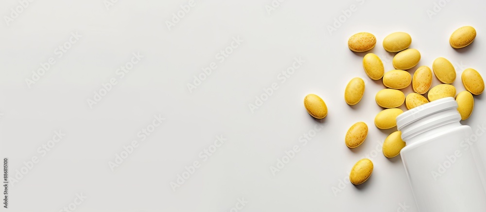 Aufkleber An open bottle or container displaying yellow pills on a white background with ample copy space for text overlay, presenting a blank, white medicine concept.