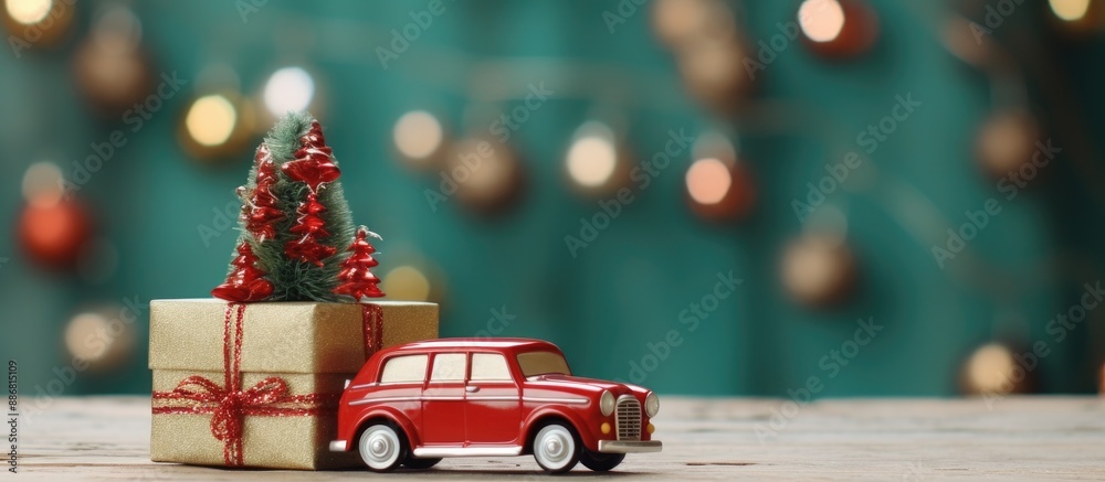Poster christmas greetings on a toy car's copy space image with a festive backdrop of a christmas tree and 