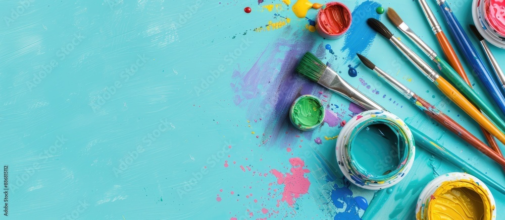 Poster teal background with children's paintbrushes, perfect for a copy space image.