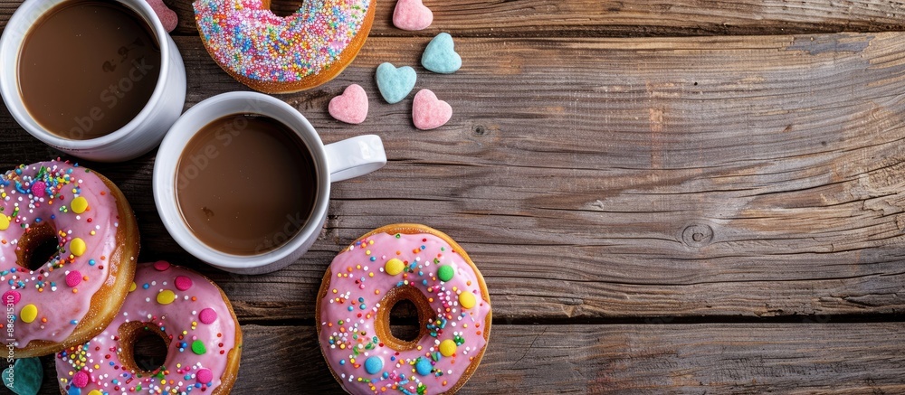 Poster top view of colorful donuts with heart-shaped sprinkles and smarties, next to a cup of coffee on a w
