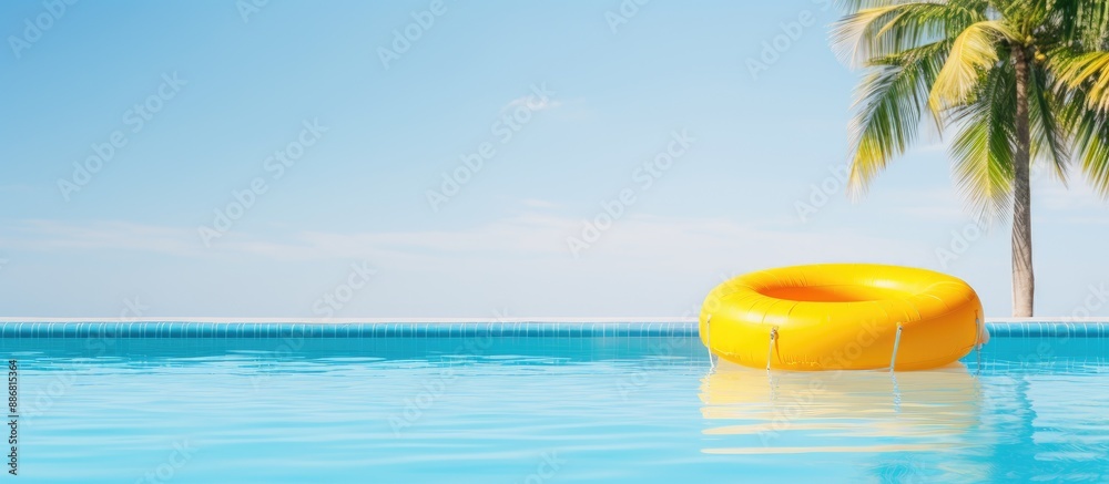 Sticker vacation-themed image with copy space featuring a floating yellow inflatable ring in a swimming pool