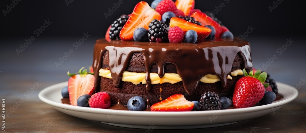 Poster a decadent chocolate stout cake topped with caramel sauce and fresh fruits, perfect for displaying i