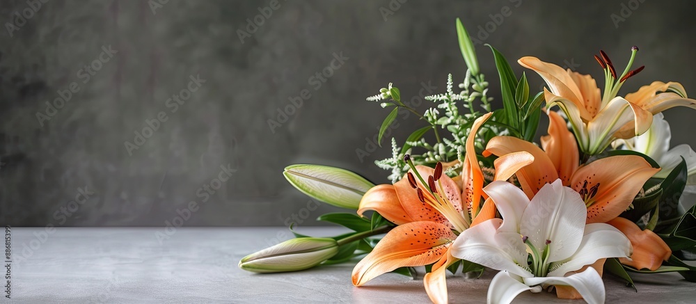 Poster a floral arrangement featuring lilies on a white table with copy space for text, emphasizing the flo