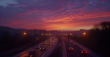 A busy road filled with cars under a stunning, fiery sunset sky