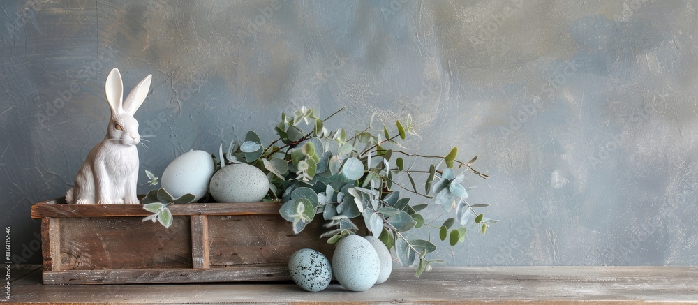Poster sophisticated easter-themed arrangement with soft-hued eggs in wooden crate, a porcelain bunny, and 