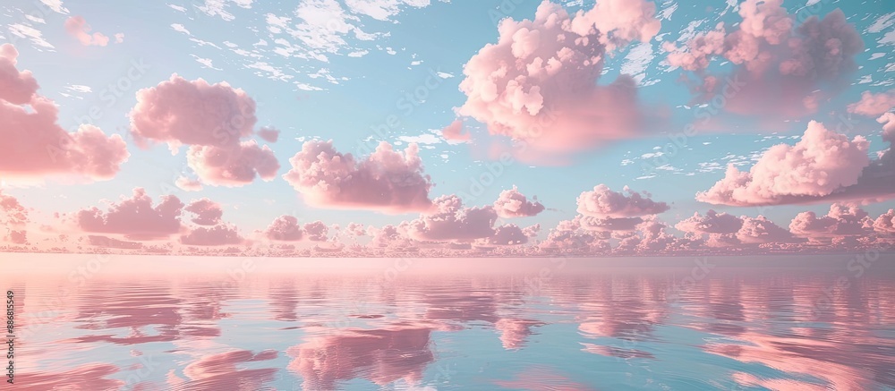 Poster Scenic view with a soft coral pink color palette reflected in the water under scattered cirrocumulus clouds, creating a serene ambiance for a copy space image.