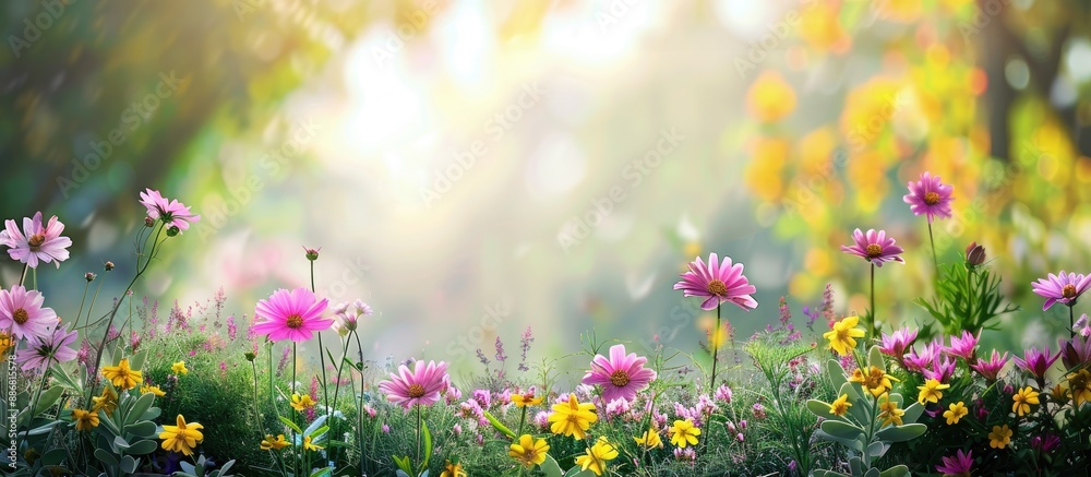 Poster flowers blooming in the garden, with a beautiful scenery and potential for using it in a copy space 