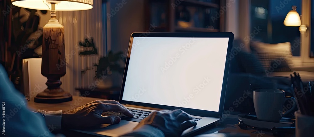 Poster Here is a man using a laptop with a blank screen on a desk in a home interior, creating a copy space image.