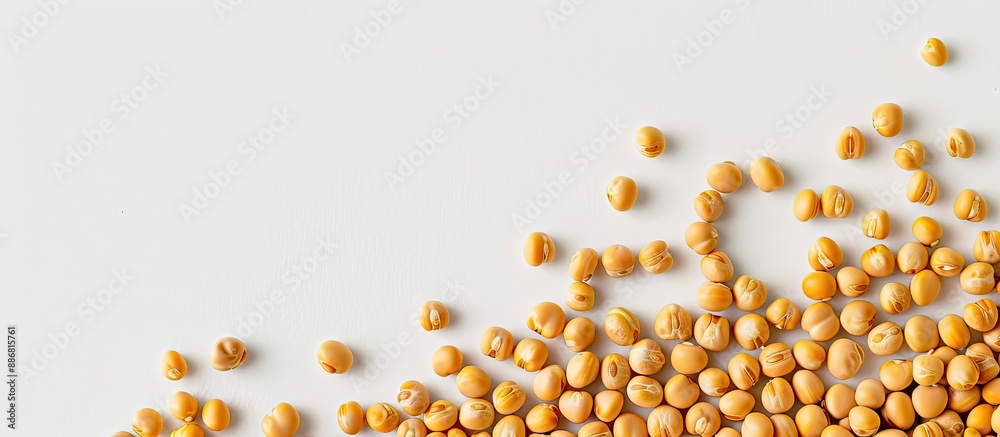 Poster top view of uncooked yellow peas arranged along a border on a white background, providing ample copy