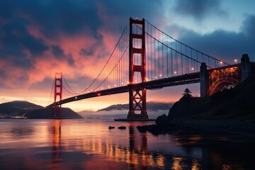 Fototapeta premium Fog passing through the vibrant Golden Gate Bridge in S�o Francisco, generative IA