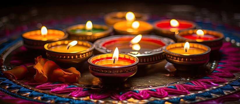 Celebrate Diwali by lighting Diya oil lamps on vibrant rangoli with a space for adding text or images