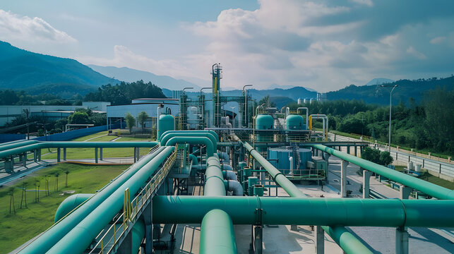Aerial view of an extensive industrial pipeline network at a modern facility set against a mountainous landscape. The image showcases the integration of industrial infrastructure within a natural envi