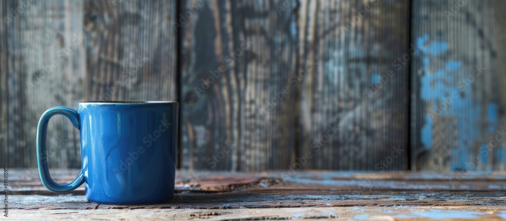 Aufkleber A blue coffee mug is placed on a rustic wooden table, offering a front view with ample copy space in the image.