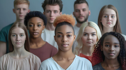 Obraz premium A diverse group of young adults posing indoors against a neutral background. The image highlights cultural diversity and unity, showcasing the beauty of different ethnicities and styles.