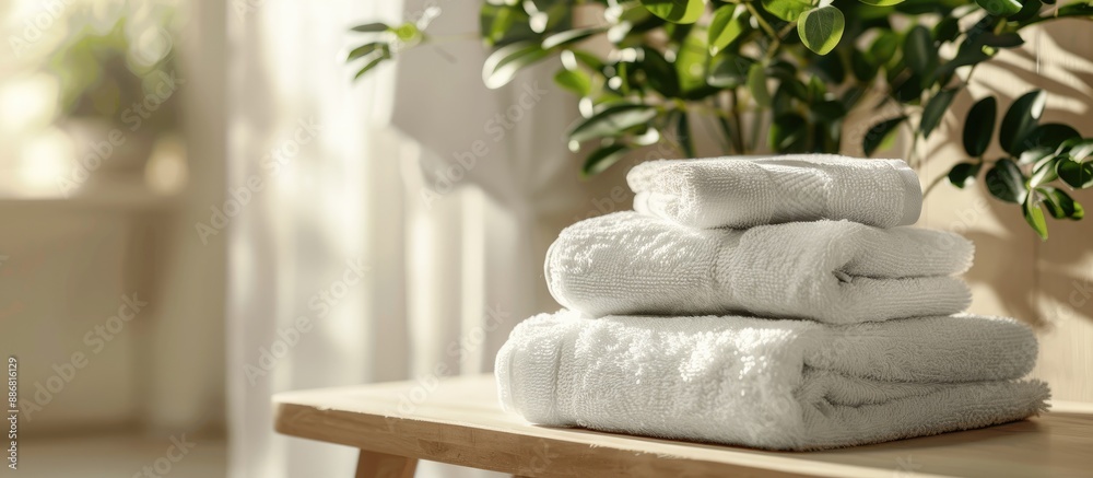 Poster white terry towels on a bathroom table with room for a text on the image.
