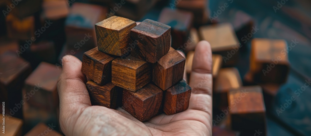 Aufkleber a hand holding wooden cubes with room for text in a copy space image.