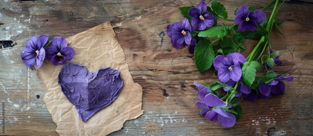 Poster A paper heart and violets on aged paper against a rustic wooden backdrop with a copy space image.