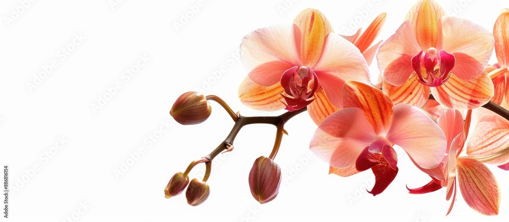 Poster close-up of stunning orchid flowers on a branch in a white background, with ample copy space image a