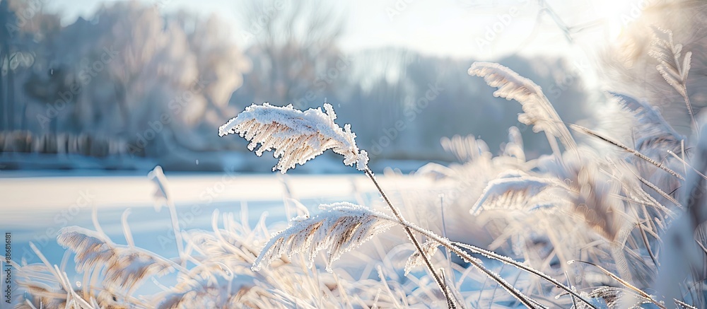 Poster in winter, snowy landscape showcases ears of silver grass creating a tranquil scene with a beautiful