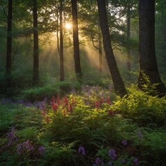 Fototapeta premium Sunlight filters through dense forest, casting beams of light that illuminate mist, colorful array of wildflowers. Tall trees with thick trunks, green foliage create canopy overhead.