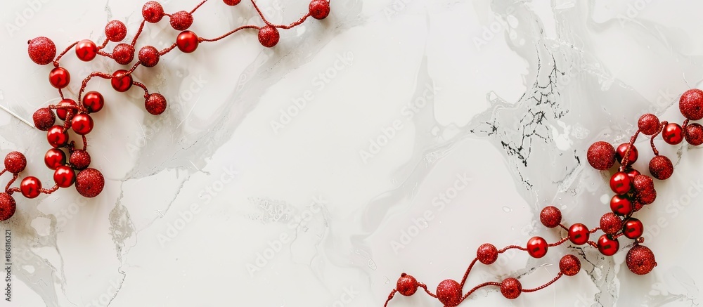 Poster A festive Christmas frame featuring a string of red beads on a sleek marble background, viewed from above with room for text or images.