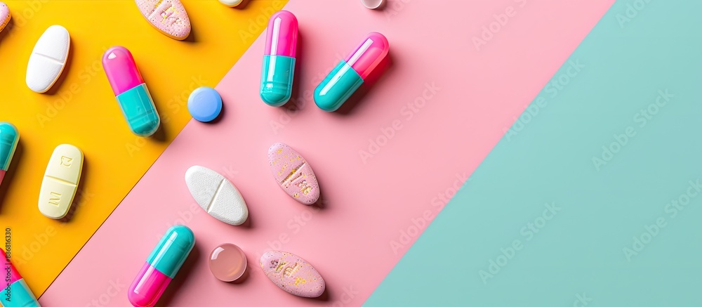 Poster Composition of pills in a flat lay arrangement on a colored background with space for text. Suitable for medical purposes.