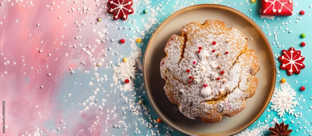 Poster a top view of christmas cookies with one freshly baked cookie emerging from the oven, set against a 