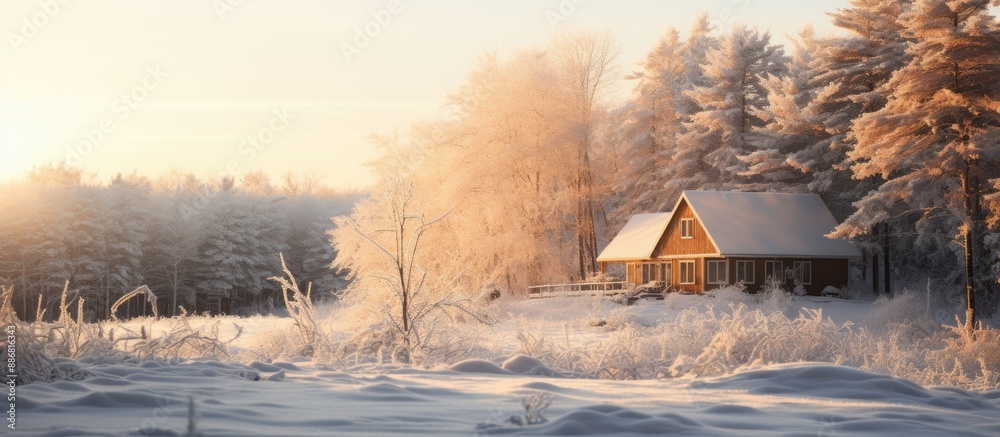 Leinwandbilder sunlight glistening on a snowy roof of a distant house with a forest in the front. ample copy space 