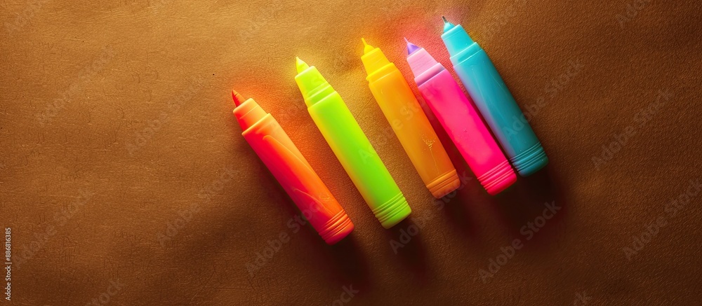 Poster copy space image of colorful highlighters on a brown backdrop.