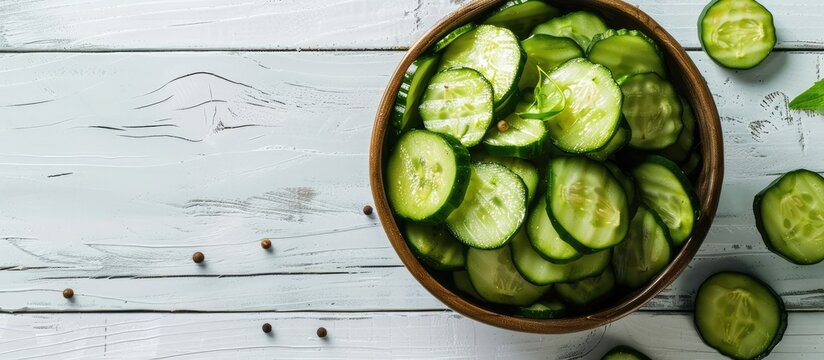 Top view of a delicious display of canned cucumbers in a bowl on a white wooden surface, with ample copy space image.