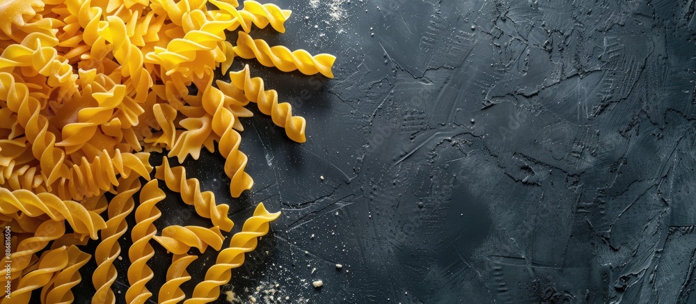 Poster dried pasta displayed on a dark tabletop with ample copy space image available.