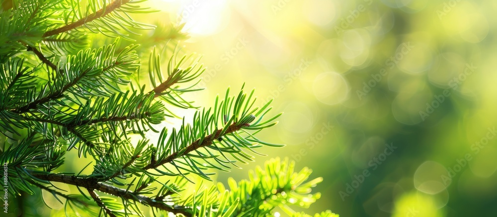 Poster young spruce branches with vibrant green needles in a spring landscape, featuring a focus on nature,