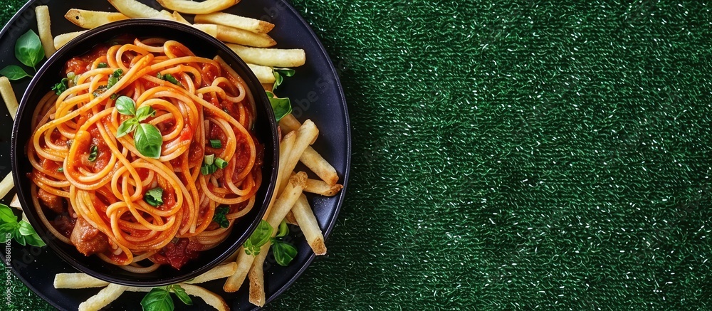Leinwandbilder An image showing spaghetti with pork tomato sauce and French fries on a pan placed on artificial grass, ideal as a menu background with space for text.