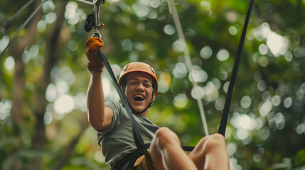 A smiling person enjoying a ziplining adventure in a lush forest. The image captures the excitement and joy of outdoor activities, highlighting a thrilling connection with nature.