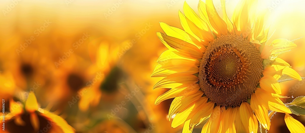 Poster Close-up of a blooming sunflower in a field, creating a natural summertime agricultural background with selective focus and copy space image.