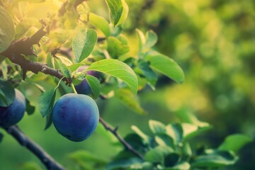 Plum tree with ripe dark purple fruits on branches surrounded by green foliage. Garden scene with lush vegetation and natural beauty. Perfect for eco-friendly or nature-inspired projects.
