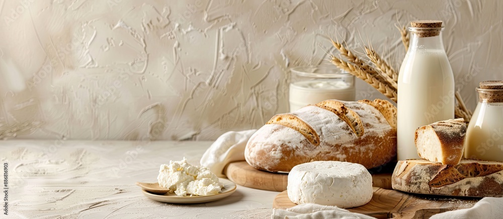 Aufkleber dairy products and bread displayed on a light backdrop with copy space image.