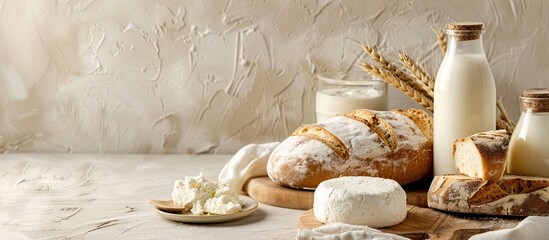 Dairy products and bread displayed on a light backdrop with copy space image.
