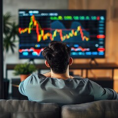 Backview of Man on sofa watching rising stock market digital