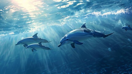 Obraz premium A pod of dolphins swimming together in synchronized motion under the sunlight.