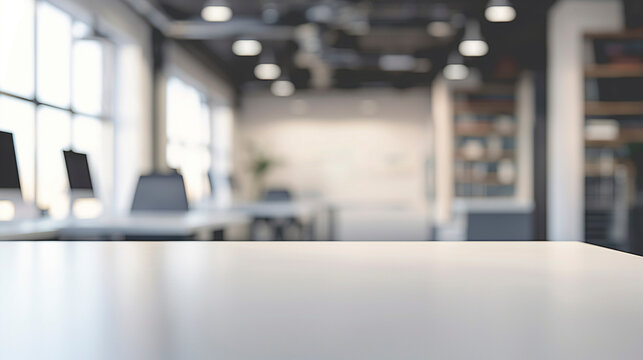 Modern stylish office mockup with table in focus. Background blurred copy space