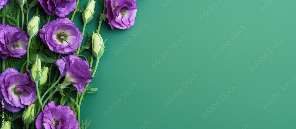 Poster Green background with a border frame of violet eustoma flowers surrounding copy space image.