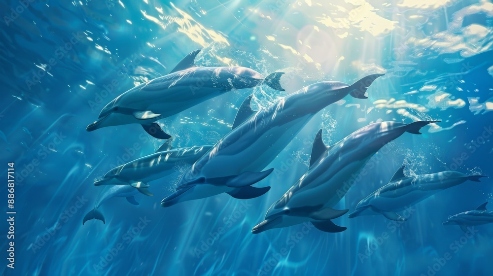 Poster a pod of dolphins swimming together in synchronized motion under the sunlight.