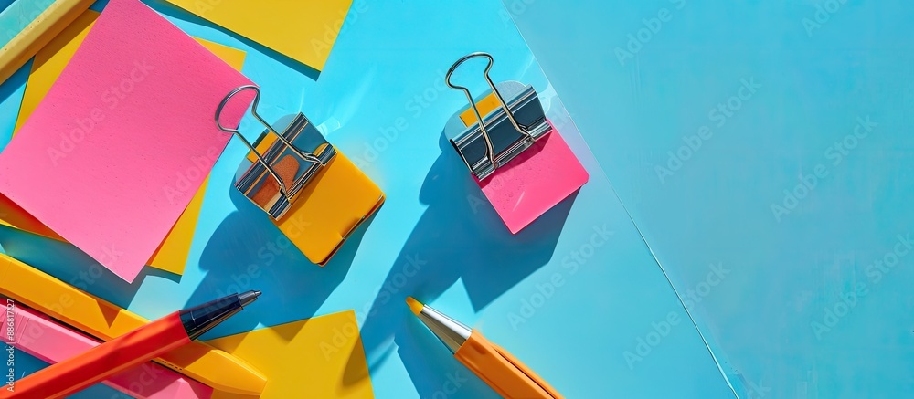 Aufkleber staplers and sticky notes on blue backdrop with copy space image.