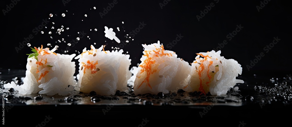 Poster close-up image of white sushi with rice flying over a black background, featuring copy space for tex