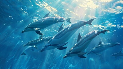 Fototapeta premium A pod of dolphins swimming together in synchronized motion under the sunlight.